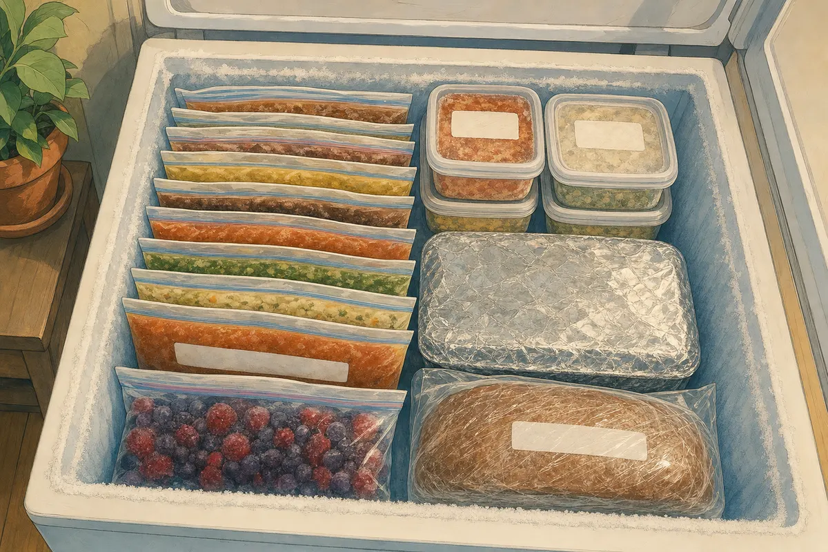 An open chest freezer with labeled flat bags of frozen soup standing upright like files, labeled containers, a foil-wrapped casserole, a loaf of bread wrapped in plastic inside a freezer bag, and a bag of frozen berries