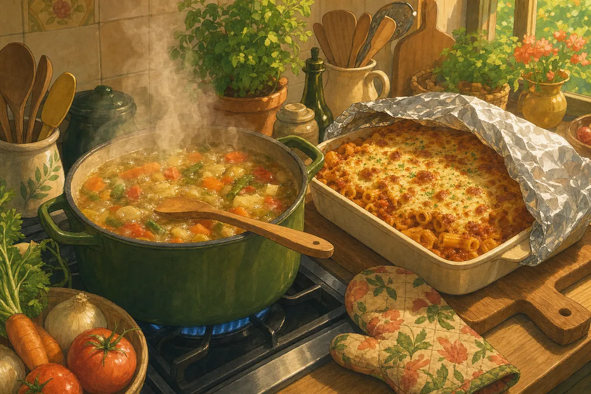 A pot of vegetable soup boiling on the stove next to a bubbling baked pasta casserole with its foil peeled back