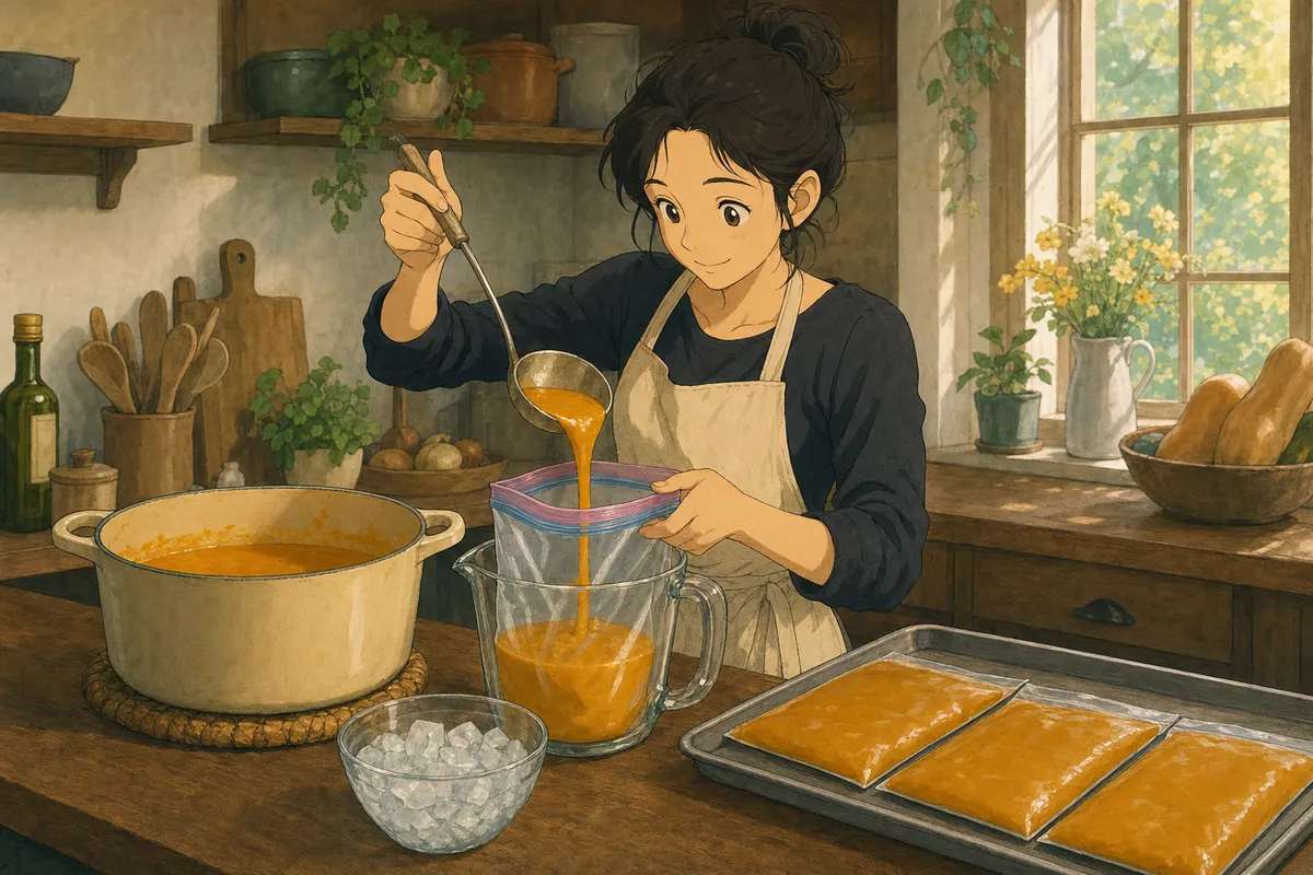 A cook ladling cooled butternut squash soup from a pot on the counter into a freezer bag held open in a large glass measuring cup, with three filled bags lying flat on a baking sheet