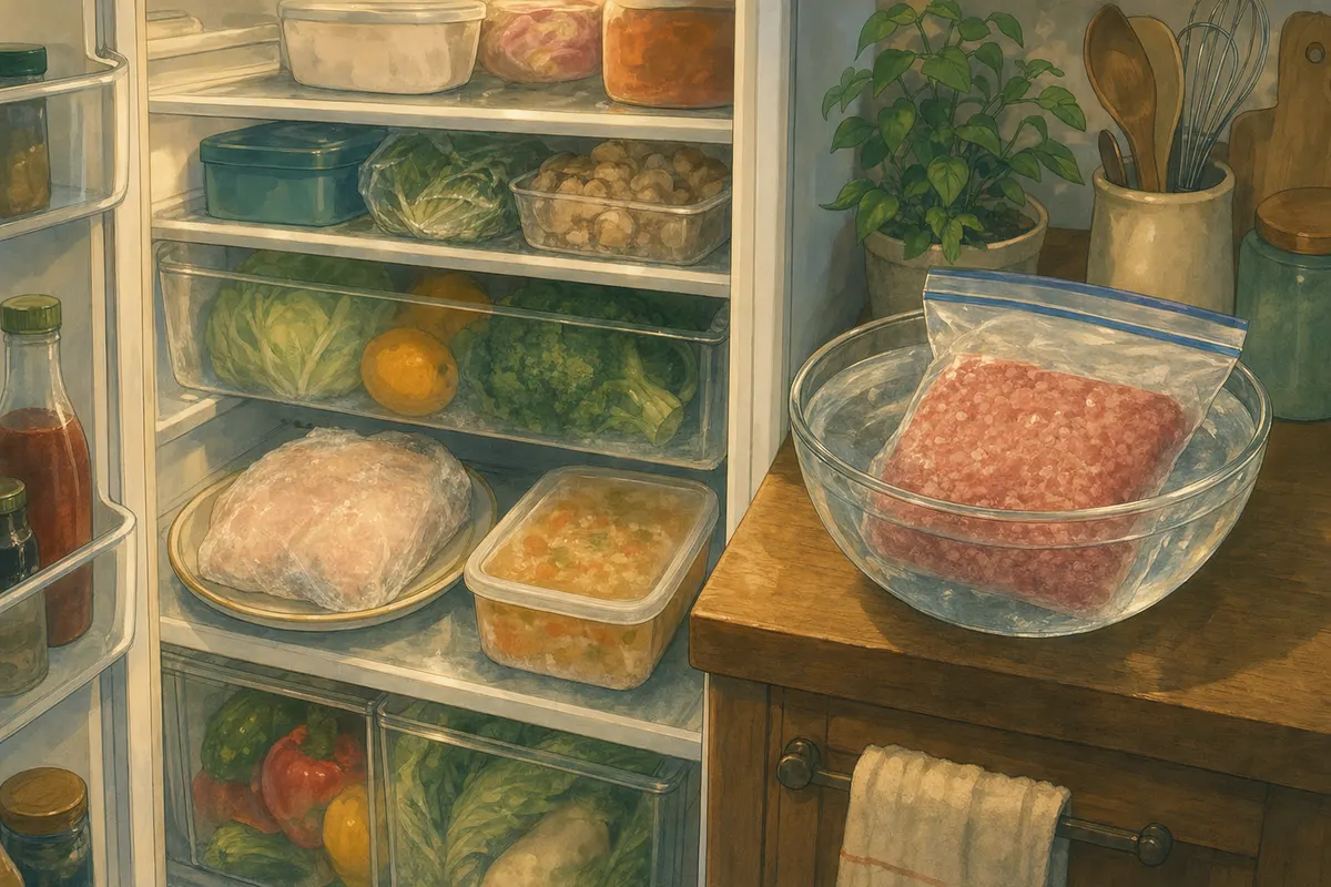 Frozen chicken on a plate and a container of frozen soup thawing on a low refrigerator shelf, next to a bag of ground meat submerged in a bowl of cold water