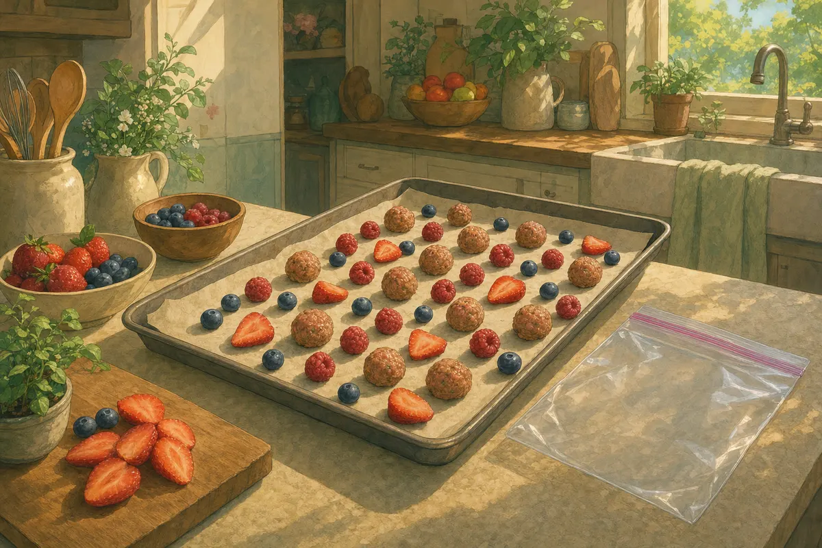 A parchment-lined baking sheet with berries, strawberry slices and small meatballs spread out in a single layer, next to an empty freezer bag